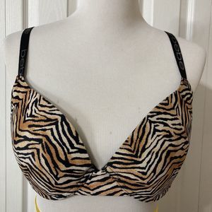 Bebe Push-Up Plunge Bra Sz 38C Black Brown Tiger Stripe Smooth Sexy Back Closure
